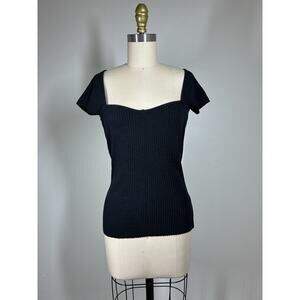 Zara Black Ribbed Baby Tee Top Large Sweetheart Neck Stretchy Minimalist Neutral
